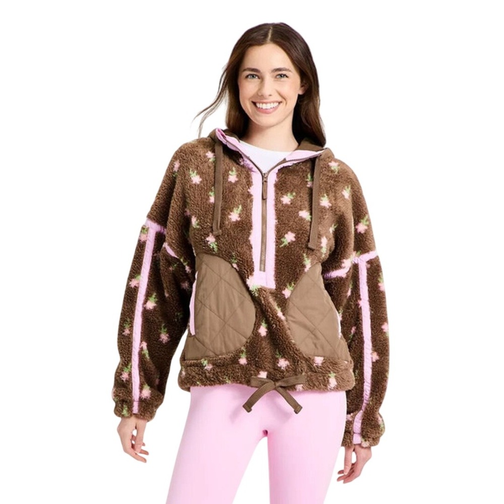 JoyLab Women's Brown Floral Sherpa Half Zip Fleece Hoodie Size XXS